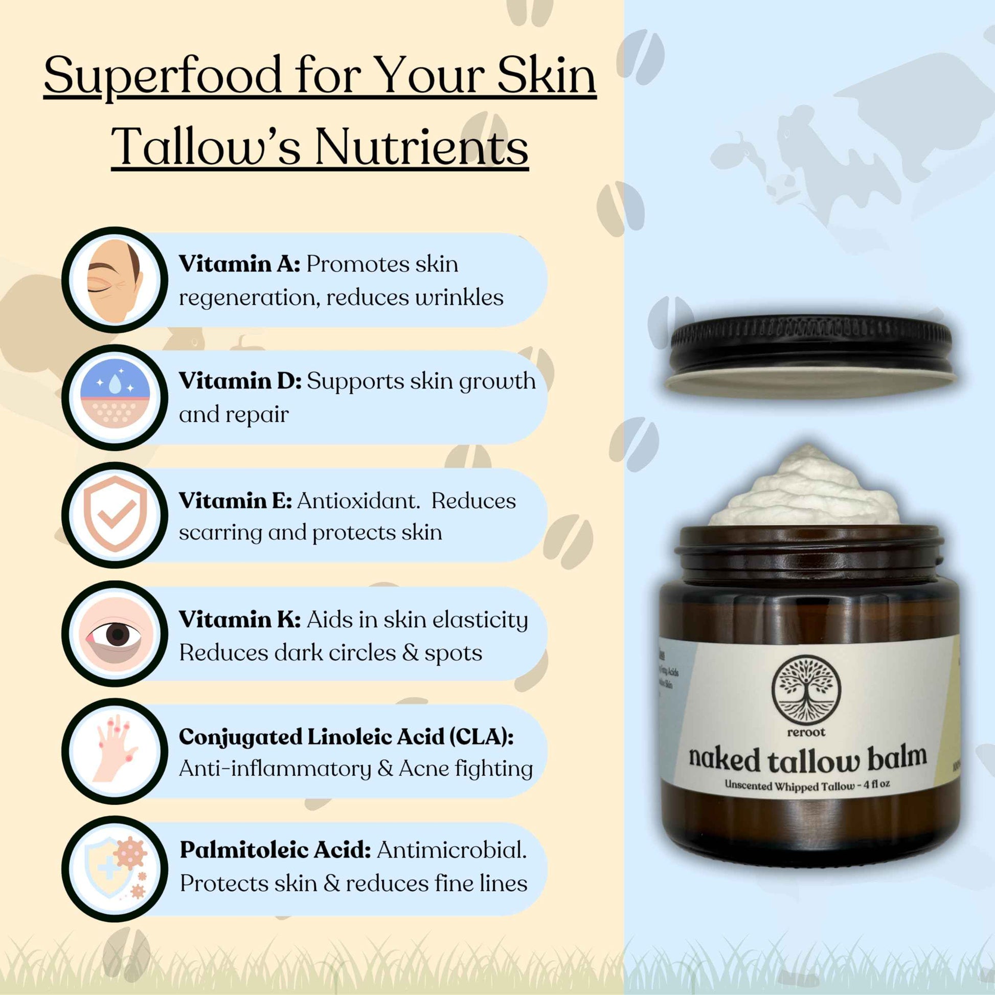 Beef Tallow for Skin | NAKED TALLOW BALM | 1 Ingredient - 100% Grass Fed Beef Tallow | Beef Tallow for Body & Face | Whipped & UNSCENTED for Sensititve Dry Skin, Babies, Eczema, Psoriasis, Rosacea (4oz)