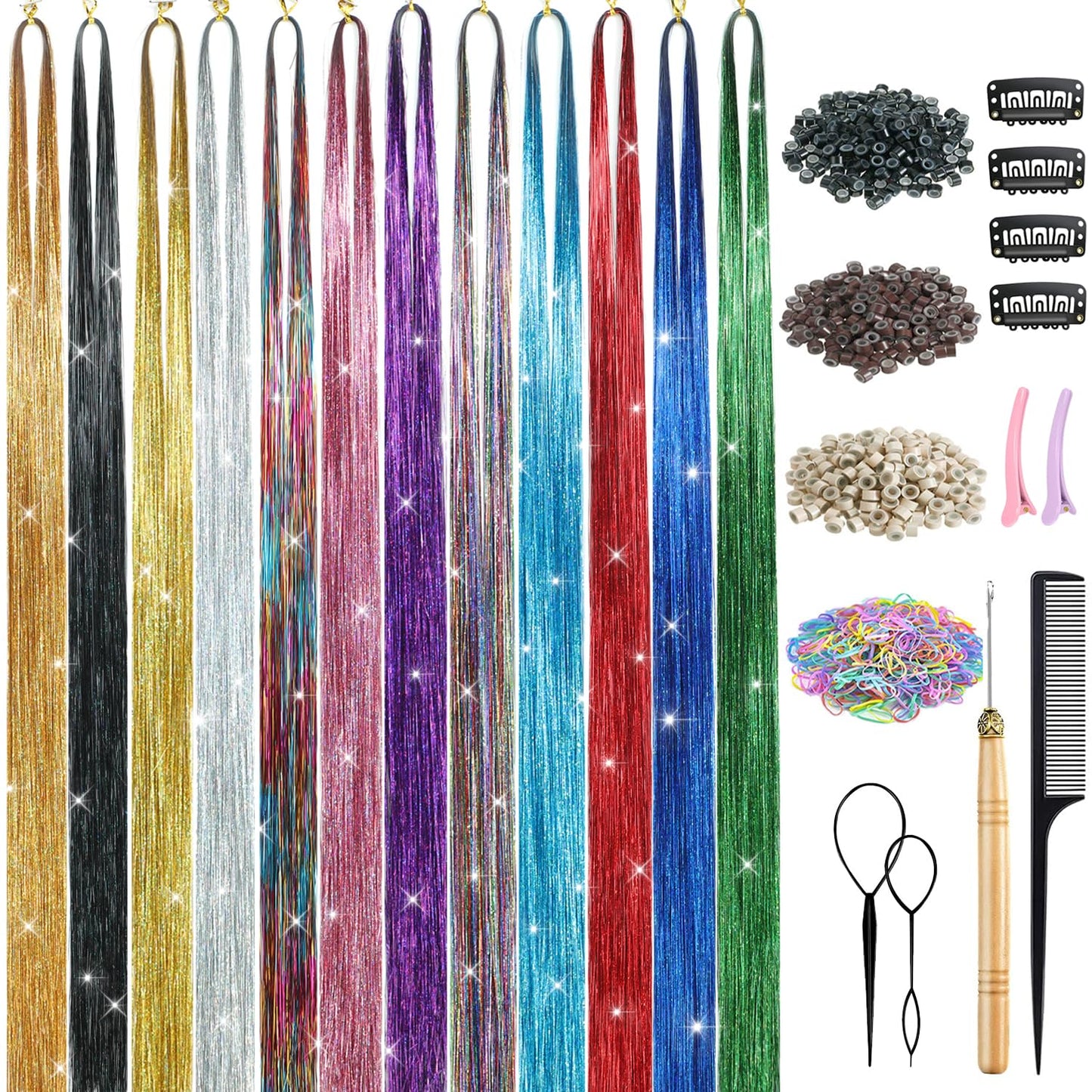 Hair Tinsel Kit 48 Inches 16 Colors 3200 Strands Tinsel Hair Extensions Kit with Tools Fairy Hair Tinsel Heat Resistant Highlights Sparkling Glitter Hair Extensions Hair Tensile Kit for Women Girls