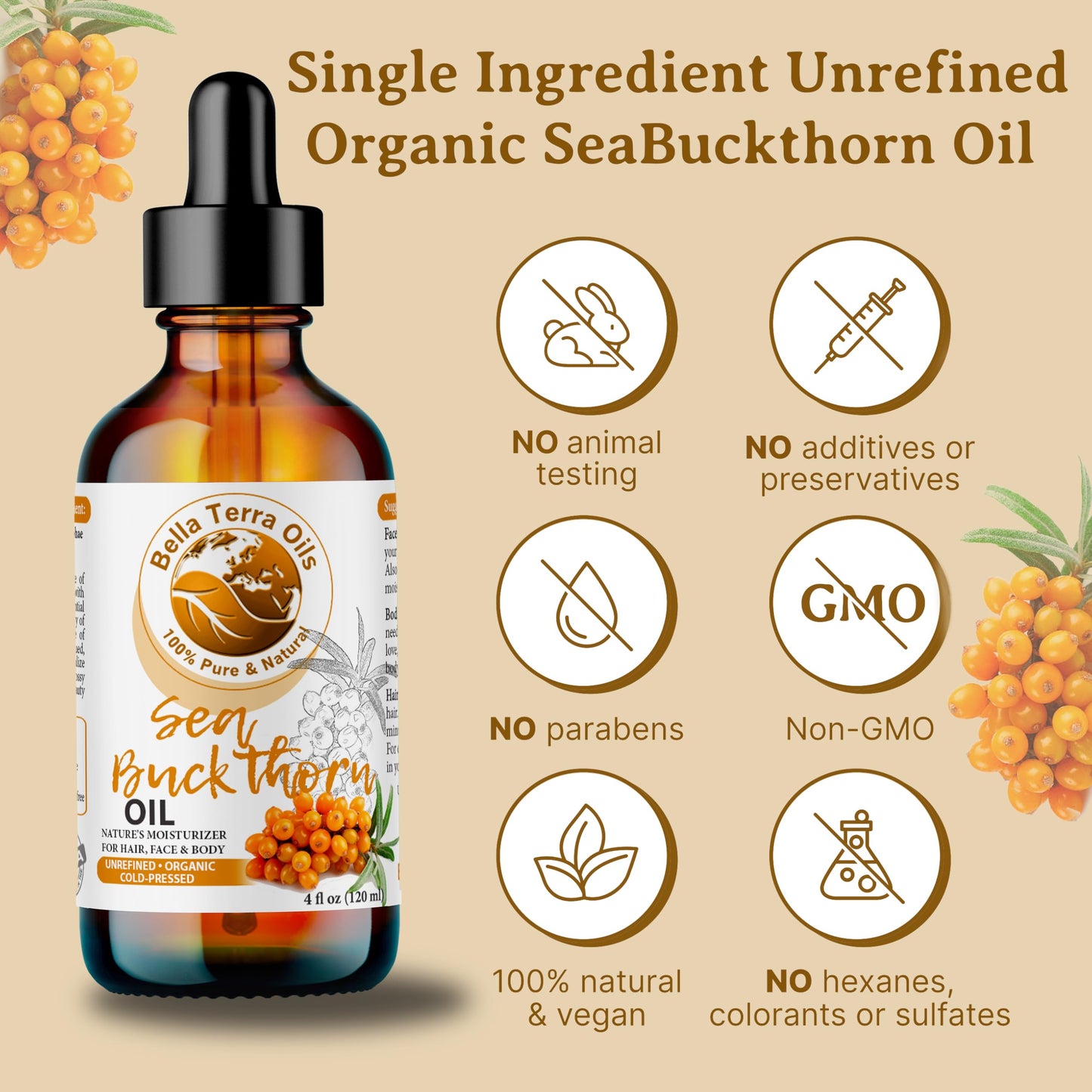 Bella Terra Oils - Organic Sea Buckthorn Oil 8oz - Cold-Pressed Treasure, Bursting with Omega-3 & Omega-6, A Radiant Glow in Every Bottle