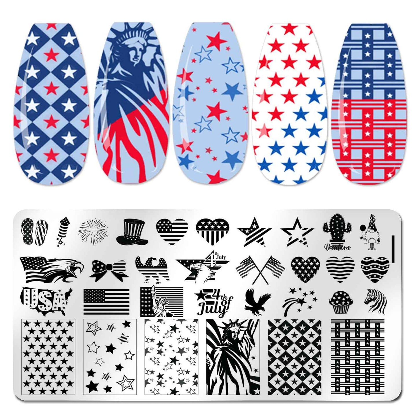 JERCLITY 6pcs 4th of July Nail Stamping Plates Independence Day Nail Stamping Kit Patriotic American Flag Star Statue of Liberty Image Plates Nail Art Design Template Print Nail Stamper Kit for Women