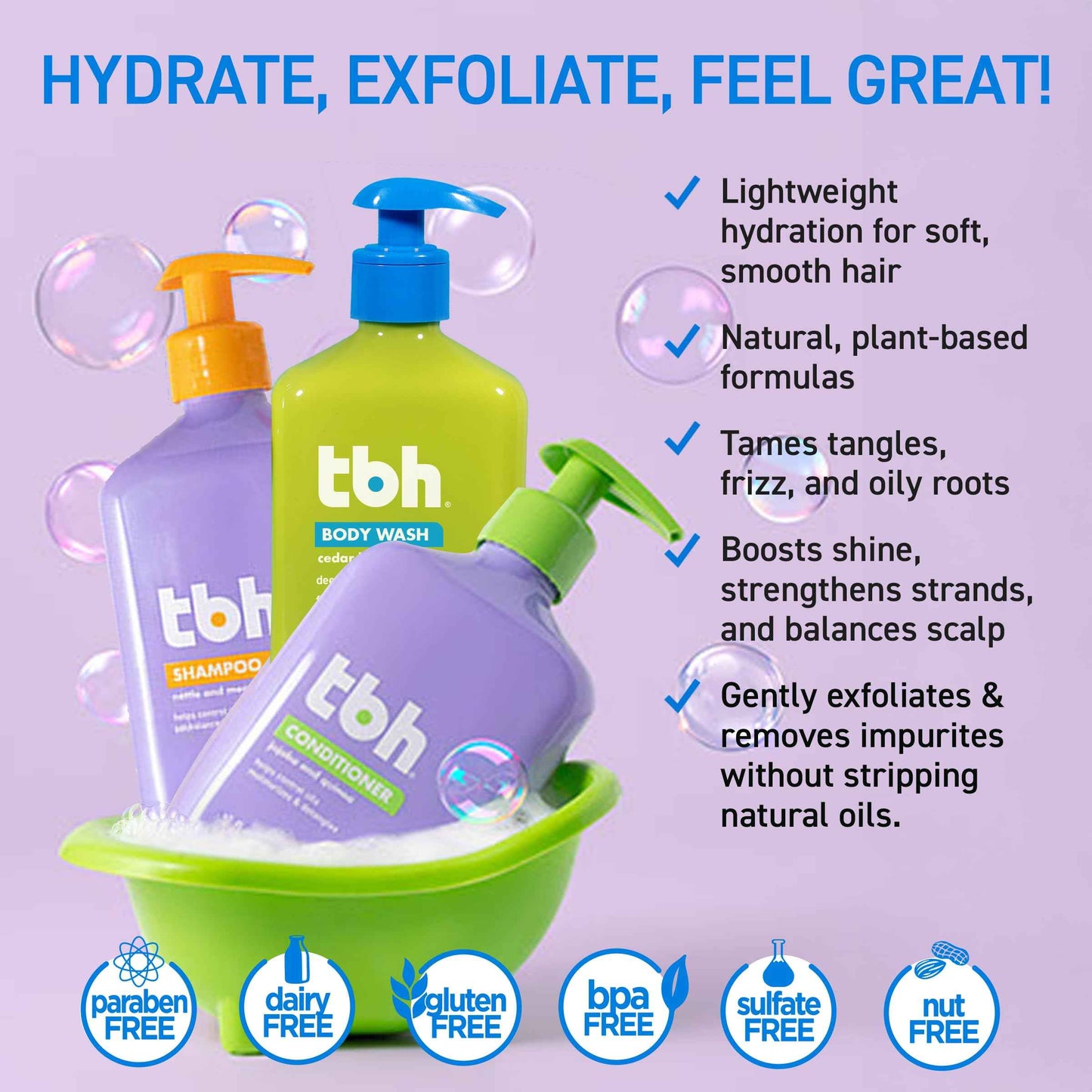 TBH Kids & Teen Hair and Body Care Set – Shampoo, Conditioner & Body Wash with Natural Ingredients – Sulfate & Paraben Free – Gentle for All Hair & Skin Types – 3-Pack, 12 oz Each