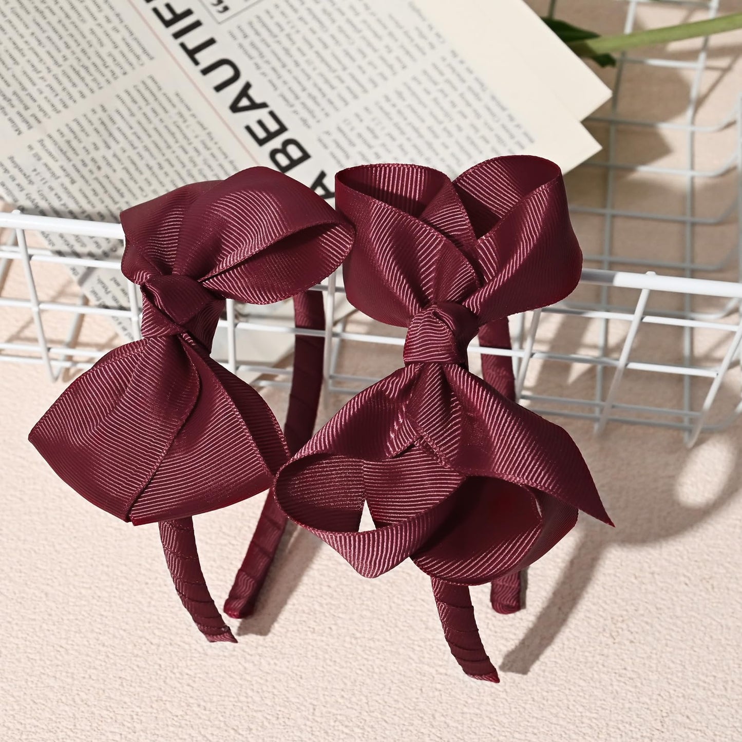 DEEKA 2 PCS 4" Burgundy Bow Headband Grosgrain Ribbon Hair Bows for Toddlers Hair Band Accessories for Little Girls Kids Set of 2 -Burgundy