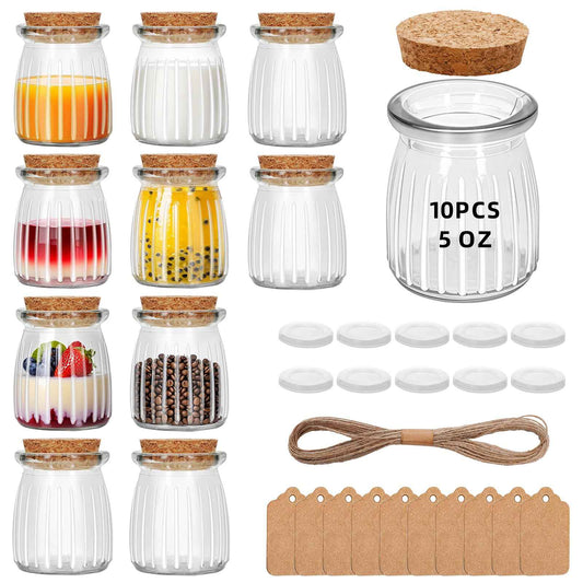 40Pcs 5oz Stripes Small Glass Jars with Cork Lids, Empty Candle Jars for Making Candles, Yogurt Container with PE Lids for Wedding Favors, Gift Jar, Baby Shower, Candy, Spices, with Twine, Labels (40)