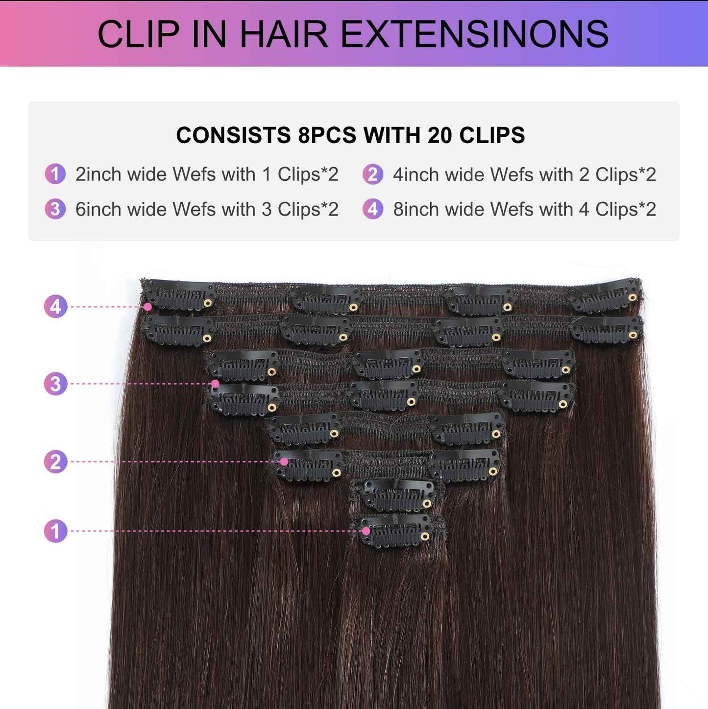 MEYOFUN Dark Brown Clip in Hair Extensions, 18 Inch 100g/3.5oz, 2 Dark Brown Hair Extensions Real Human Hair, Invisible Seamless Remy Human Hair Clip Extensions for Women 8pcs Per Set with Double Weft