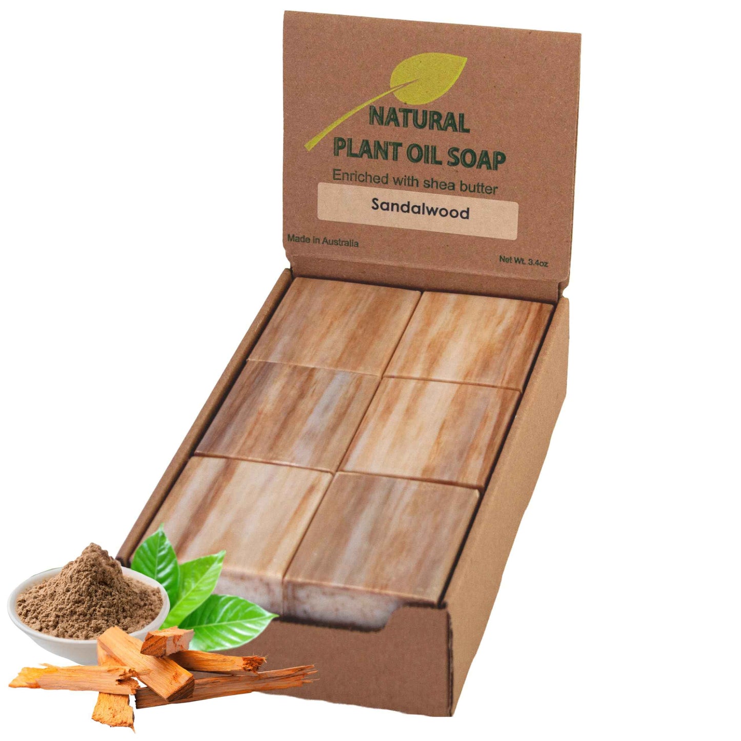 SSA Sandalwood Soap Bars (12 Pack, 3.5oz Each), Australian Moisturizing Natural Triple Milled Bar Soap Enriched with Organic Shea Butter, Long Lasting Plant Based Body Bath Bars for Men & Women