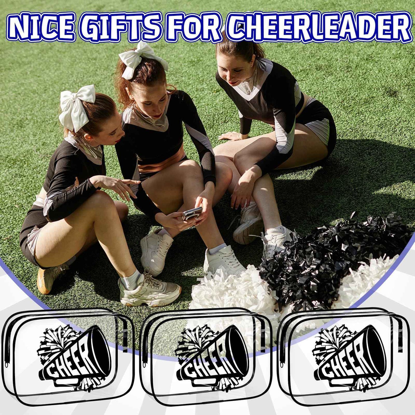 Kacctyen 24 Pcs Black Cheer Makeup Bag Cheer Gifts Bulk for Team 7 x 4.7 x 2.4'' Cosmetic Bag Cheerleader PVC Makeup Case Clear Toiletry Zipper Pouch for Cheerleading Teammates Party Supplies
