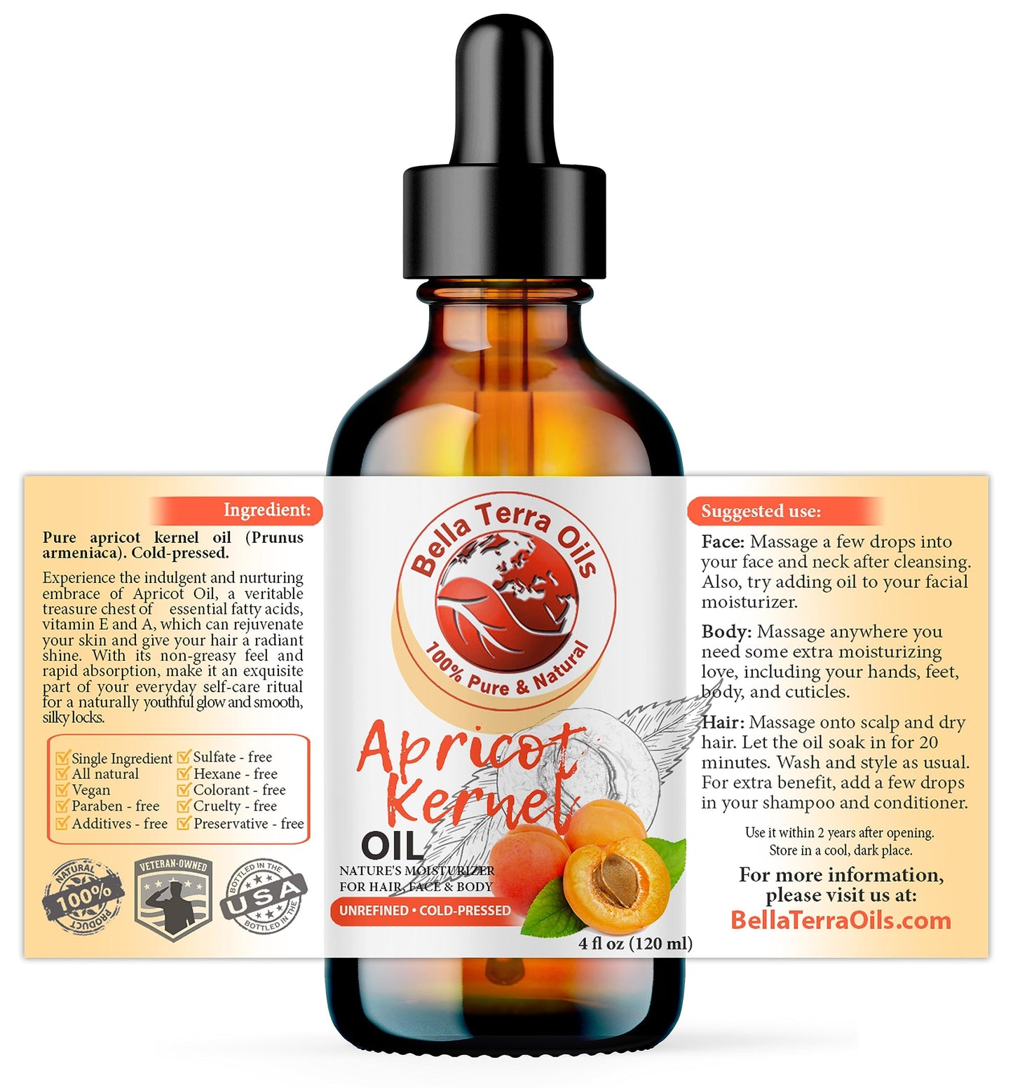 Bella Terra Oils - Organic Apricot Kernel Oil 4oz - Dive into Organic Apricot's Nutritional Excellence, High in Vitamin C, Promotes Supple & Radiant Skin