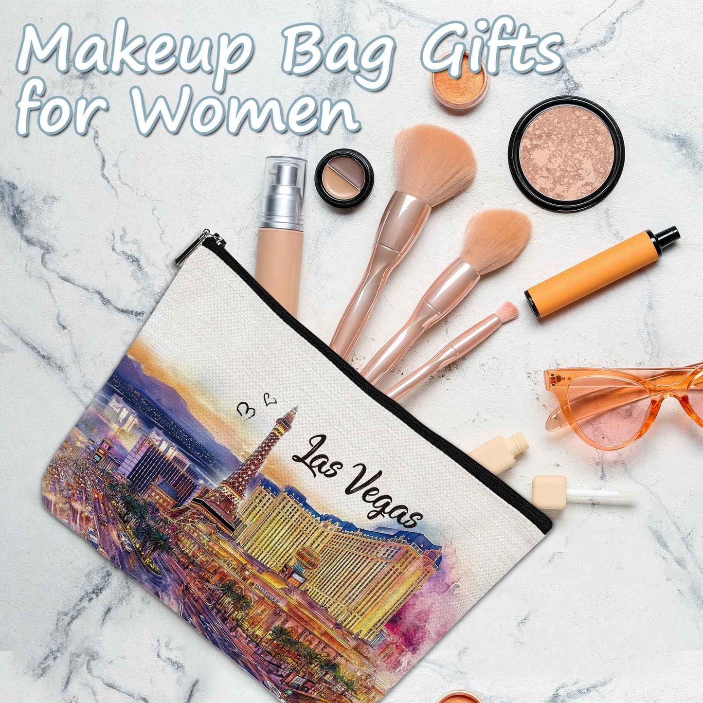 Luvsweets Las Vegas Souvenir Gift - Watercolor City Travel Makeup Bag, Las Vegas Travel Lovers Cosmetic Bags, Las Vegas Vacation Trip Gifts for Women Girls Sister Birthday Christmas Gift