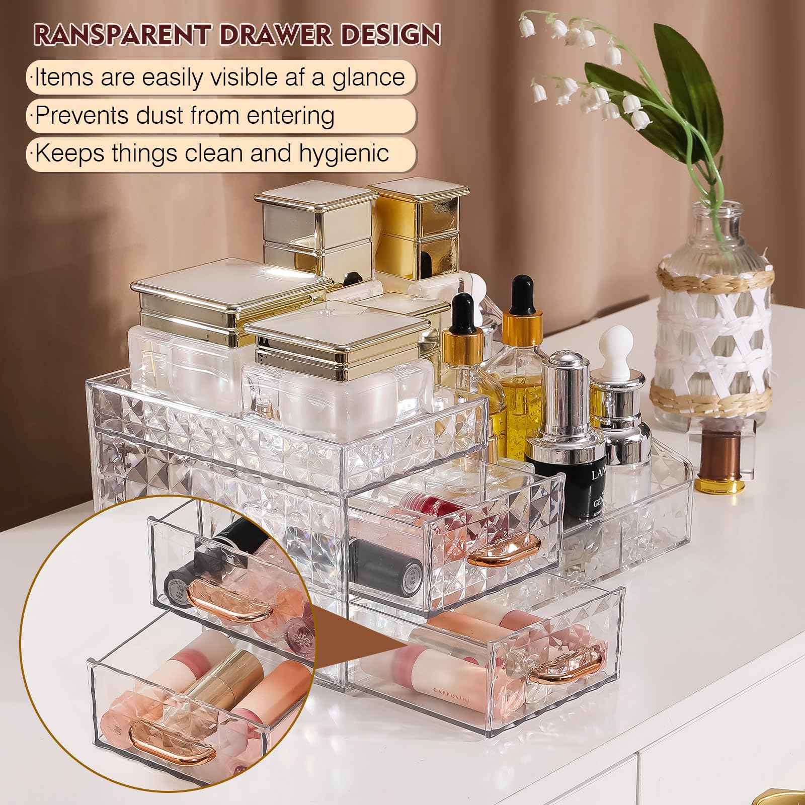 Clear Makeup Organizer for Vanity,Desk Makeup Caddy With Drawers for Cosmetics,Lipsticks Nail Care Skincare Jewelry Countertop Organizers,Cosmetic Display Cases for Bathroom, Dresser (Clear)