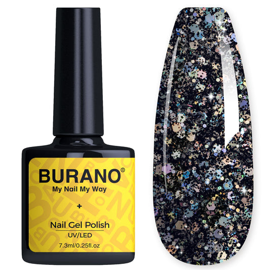 BURANO Glitter Gel Nail Polish, LED UV Nail Gel Shimmer Holographic Effect Soak off Gel Curing Required, No Chip Gel Polish Sparkle Gel Home DIY Nail Salon (Black LP12)