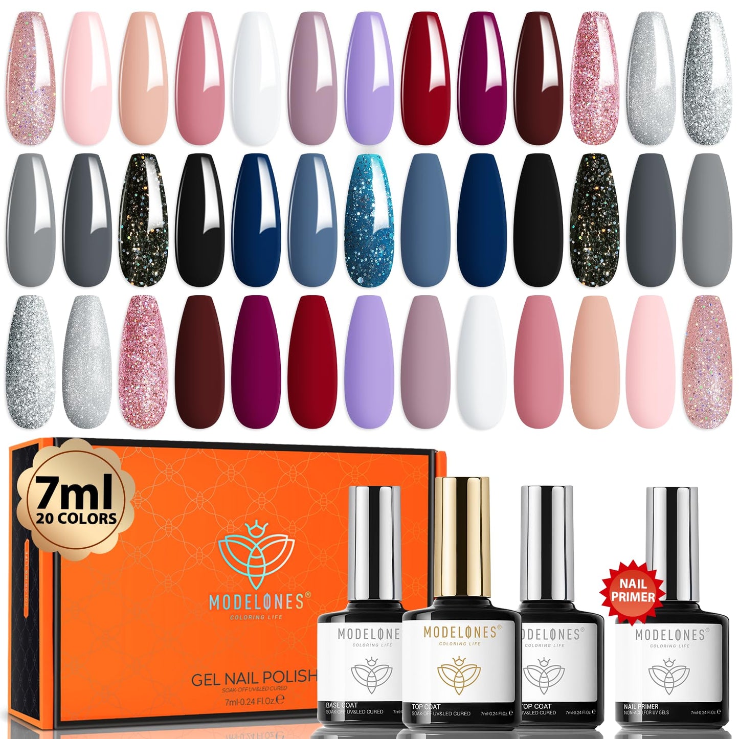 Modelones 24 Pcs Gel Polish Nail Kit, 20 Colors 7ml Nude Pink Neutral Navy Blue Glitter Nail Polish Set with Prep Bond Primer Glossy & Matte Top Coat Base Coat Nail Art Manicure DIY Salon