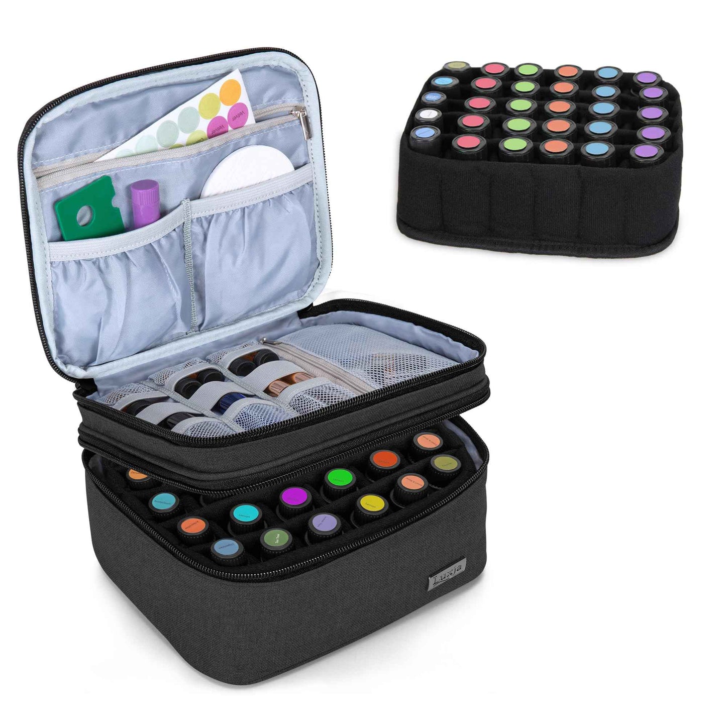 LUXJA Essential Oil Carrying Case - Holds 30 Bottles (5ml-30ml, Also Fits for Roller Bottles), Double-Layer Organizer for Essential Oil and Accessories, Black (Bag Only)