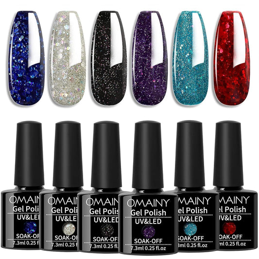 Omainy Glitter Gel Nail Polish Kit, Glitter Gel Polish Gel Nail Kit, UV LED Soak Off Glitter Nail Polish Gel, Valentine's Day Christmas Thanksgiving New Year Gift for Women Mom Girlfriend (US-6CS-003)