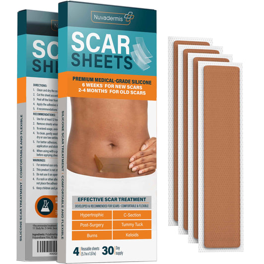 NUVADERMIS Silicone Scar Sheets – Extra Long Medical-Grade Scar Sheets for C-Section, Tummy Tuck, Keloid, and Surgical Scars – Reusable and Effective – Pack of 4 – Medium Tone