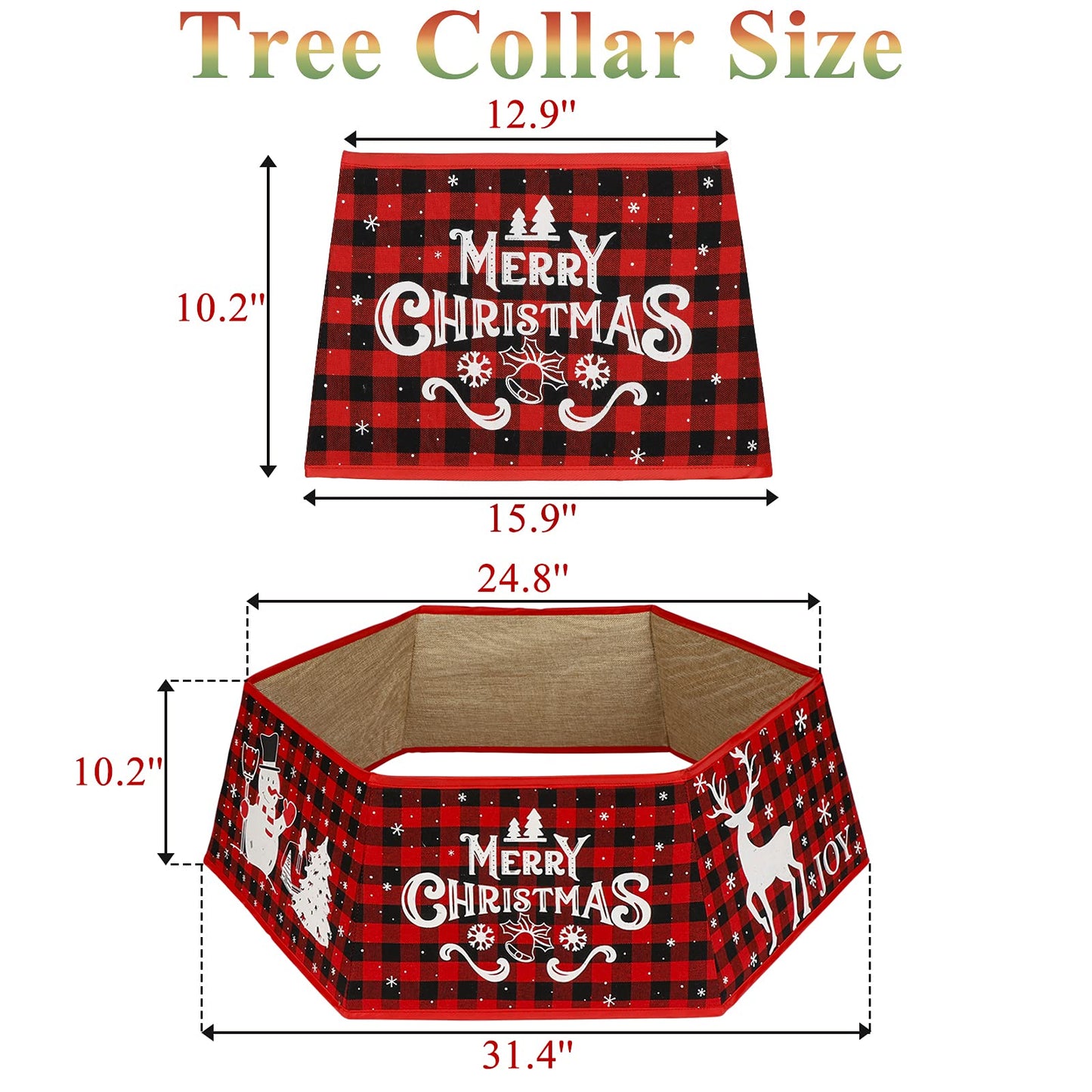 OurWarm Buffalo Plaid Christmas Tree Collars for Artificial Trees, 31 Inches Hexagon Christmas Tree Ring with 6 Patterns, Black and Red Christmas Tree Skirt for Xmas Tree Decorations Holiday Party