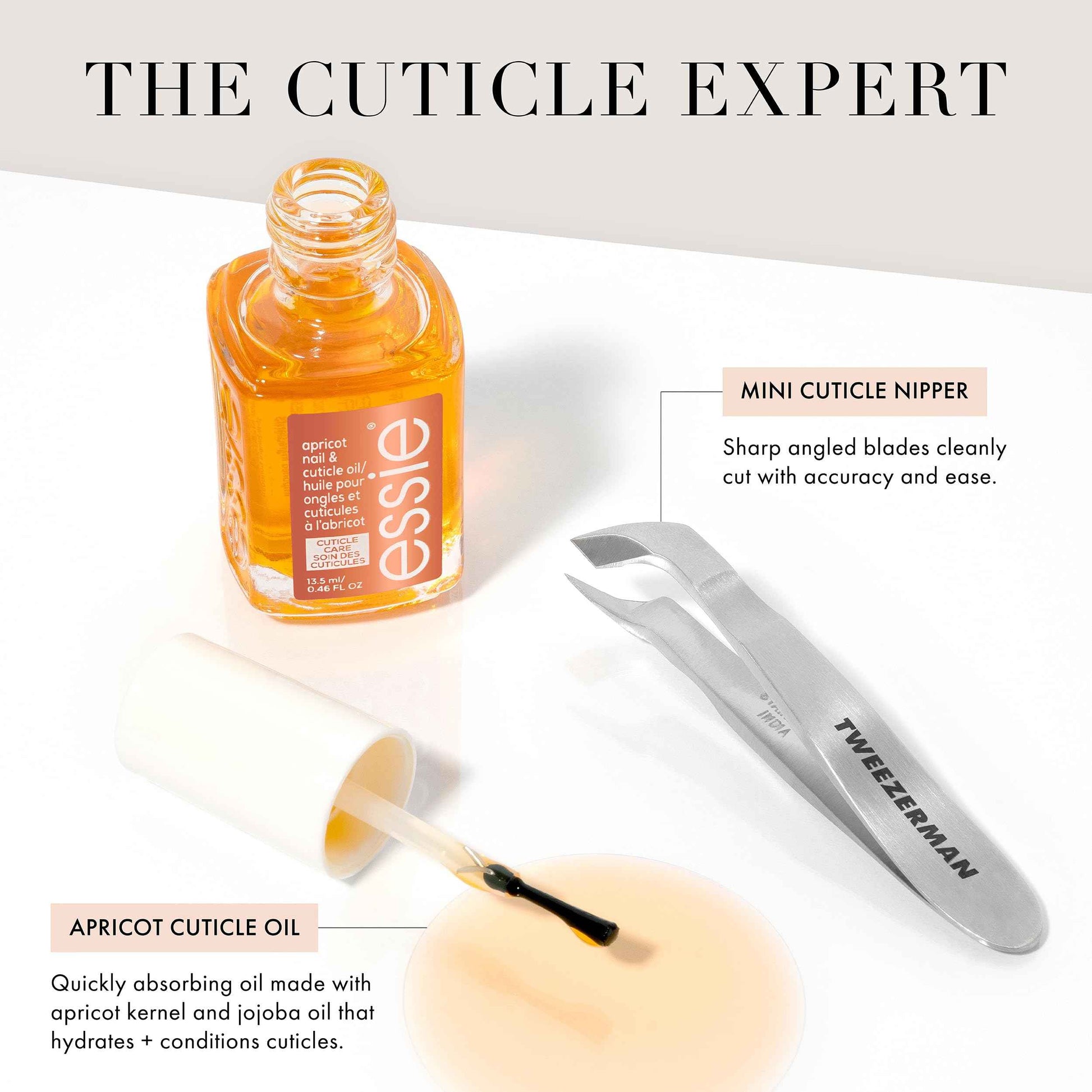 Tweezerman x Essie: The Cuticle Expert Bundle - Essie's Apricot Cuticle Oil And Tweezerman's Mini Cuticle Nipper