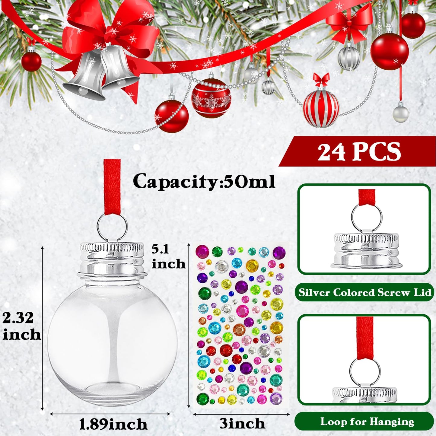 30 Pieces Christmas Clear Plastic Ornaments Balls,Christmas Booze Balls,Christmas Fillable Tree Hanging Ornaments Water Bottle Bulbs with Rhinestone Stickers for Wedding Party Christmas Decor