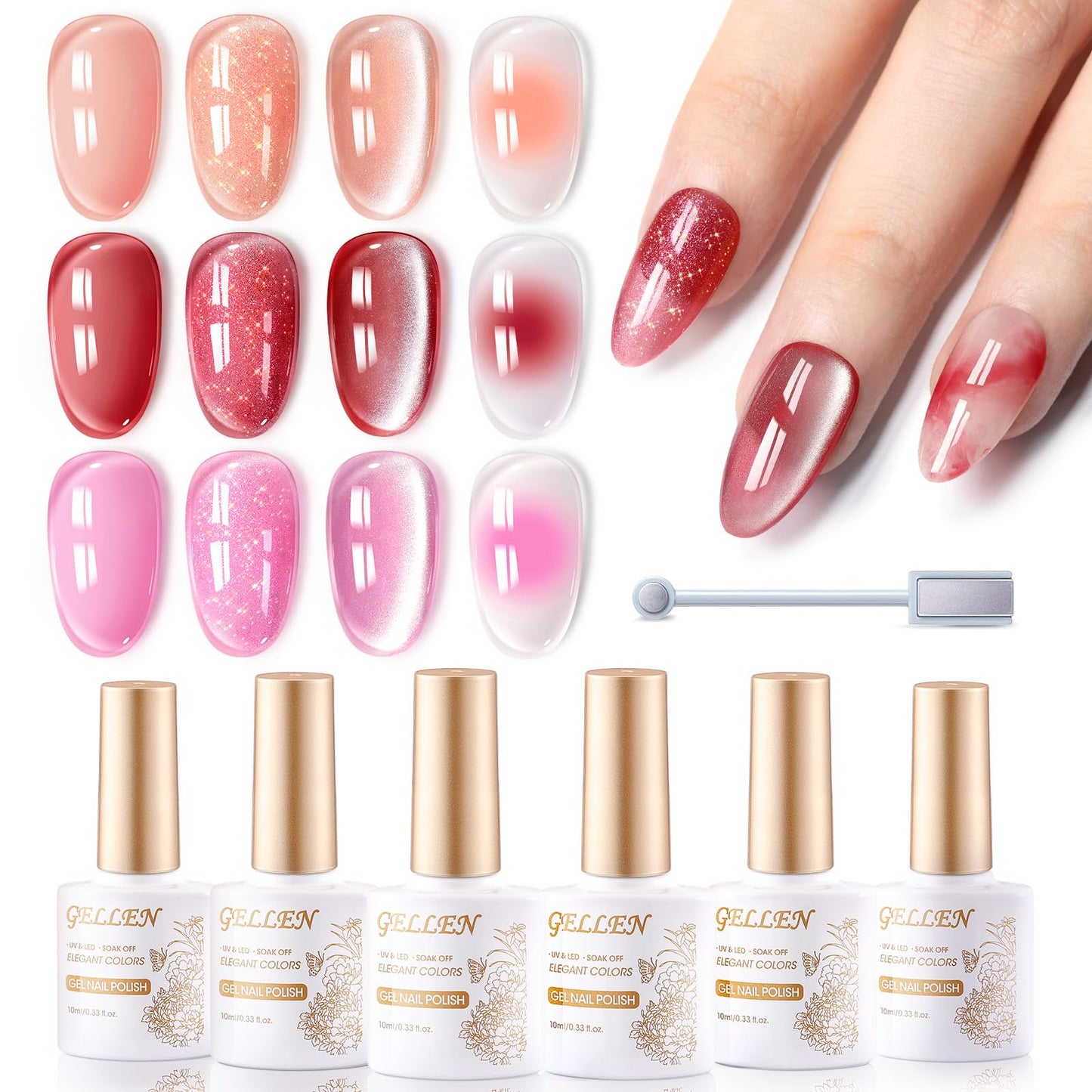 Gellen Gel Nail Polish, 6PCS Jelly Purple Red Pink Gel Polish Set, Soak off U V Gel Nail Polish Kit, Including Clear Cat Eye Gel Polish Blooming Effect Gel Polish, Color Numbers 976,977,978,988,993