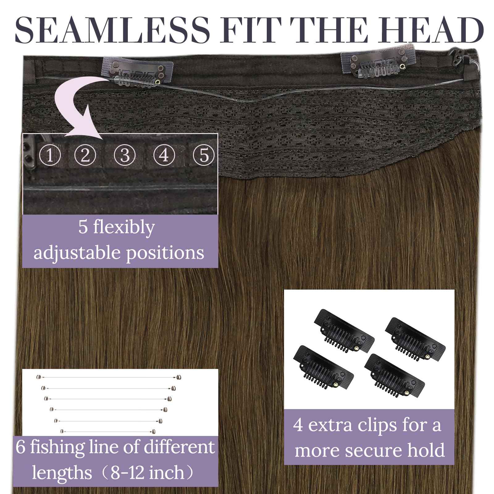 Fshine Invisible Wire Hair Extensions Dark Brown Hair Extensions Real Human Hair 12 Inch One Piece Natural Human Hair Color 4 Clip ins Extensions 70G