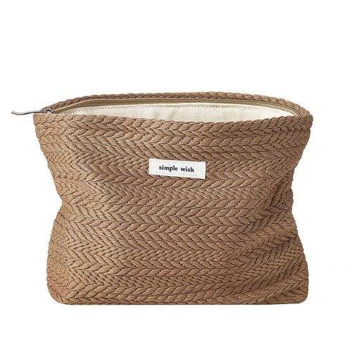 Lestikave Coquette Straw Makeup Bag, Cute Boho Crochet Travel Cosmetic Bag with Zipper,Portable Versatile Toiletry Bag Skincare Bag for Women Girls(02Brown)