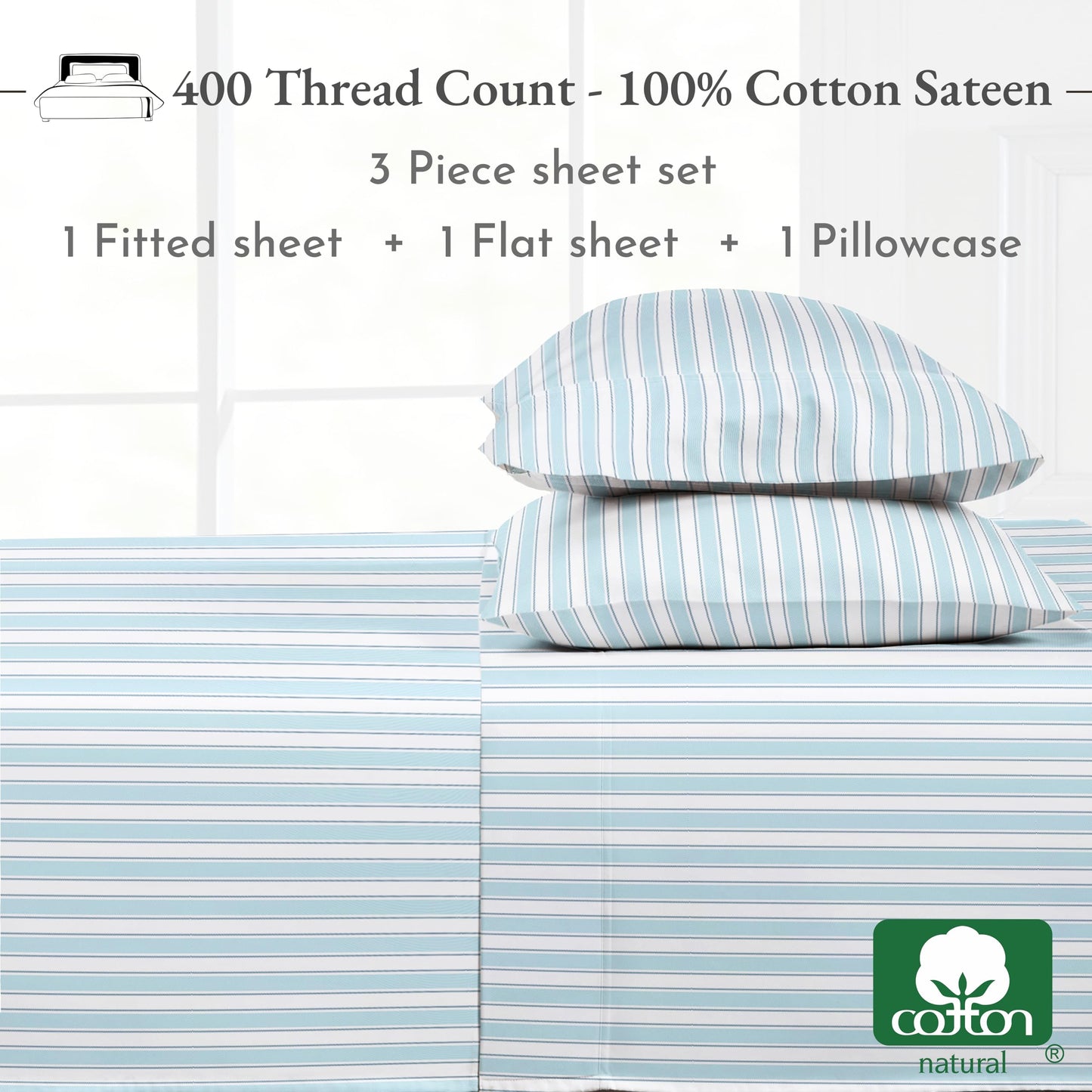 California Design Den Striped Bed Sheets Twin Size, 3 Piece 100% Cotton Sheets Set Luxury 400 Thread Count Sateen, Twin Sheets Printed Pattern (Cape Stripe)