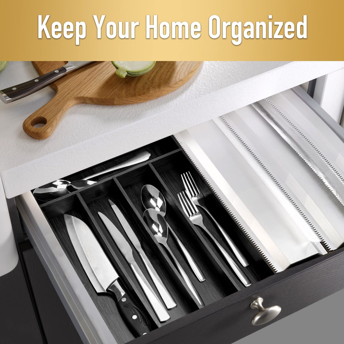 Besilord Silverware Organizer Kitchen Drawer Organizer Utensil Organizer Bamboo Silverware Holder Cutlery Organizer in Drawer Flatware Organizer Tray(5 slots, Black