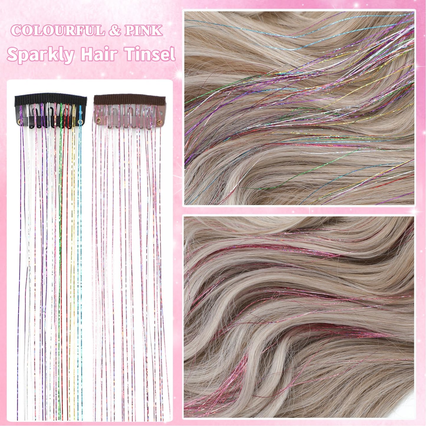 12Pcs Hair Tinsel Clip in 20Inch Glitter Tinsel Hair Extensions Fairy Hair Clip in Hair Tinsel Heat Resistant, Colorful Pink Sparkly Hair Accessories for Girls Women Kids (Pink 6Pcs+Colorful 6Pcs)