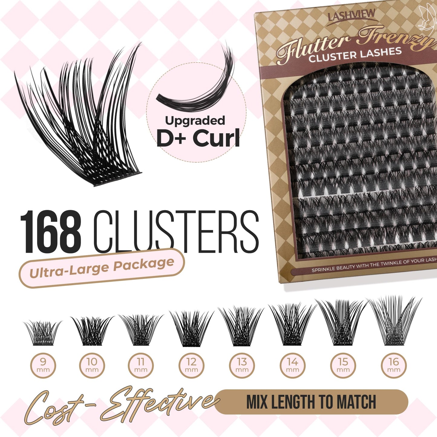 LASHVIEW Lash-Extension-Clusters 168pcs D+ Curl Lash Clusters Natural Look Cluster Lashes Extensions Super Thin Band & Soft Lashes Reusable 9-16mm MIX (56D)