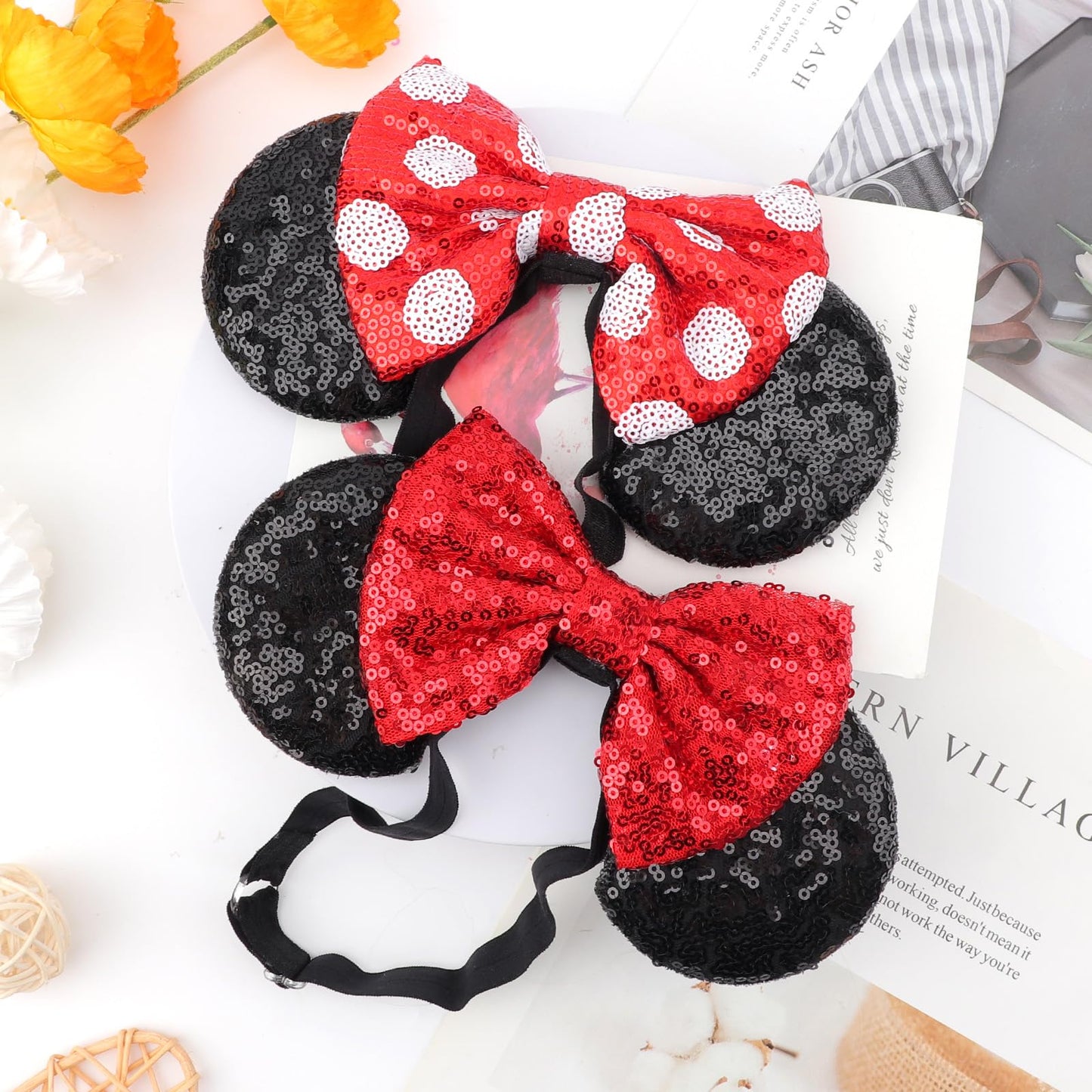 AQOKKA 2 Pcs Elastic Mouse Ears Headbands with Bow for Birthday Party, Hair Hoop Party Decoration Cosplay Costume Hair Accessories for Women & Girl