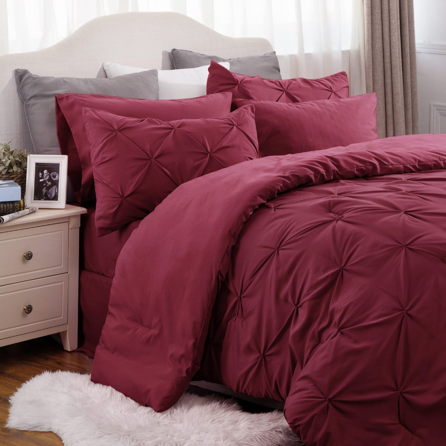 Bedsure Twin/Twin XL Comforter Set with Sheets - 5 Pieces Twin Bedding Sets, Pinch Pleat Burgundy Twin Bed in a Bag with Comforter, Sheets, Pillowcase & Sham