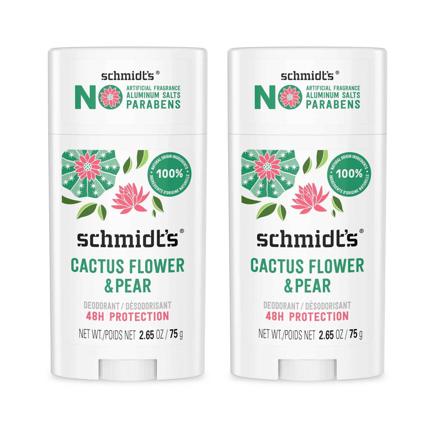 Schmidt's Aluminum-Free Vegan Deodorant Cactus Flower & Pear and Fresh Rain & Birch, 2 Count Each, 2.65 oz