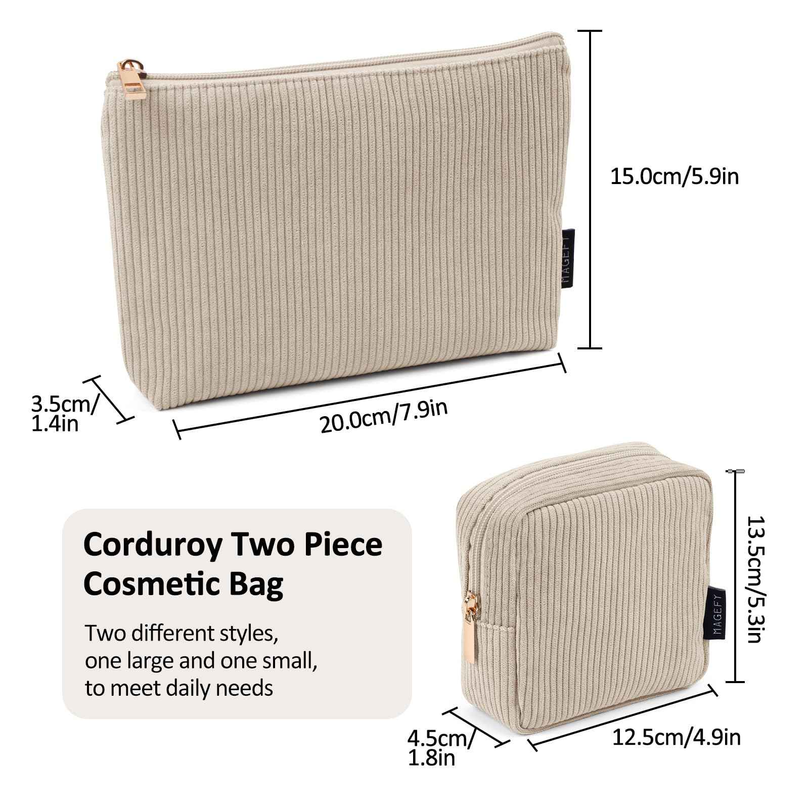 MAGEFY Small Makeup Bag, 2 Pcs Corduroy Makeup Bag for Purse Make Up Organizer Bag Mini Pouch with Slip-in Pockets Aesthetic Preppy Stuff - Beige