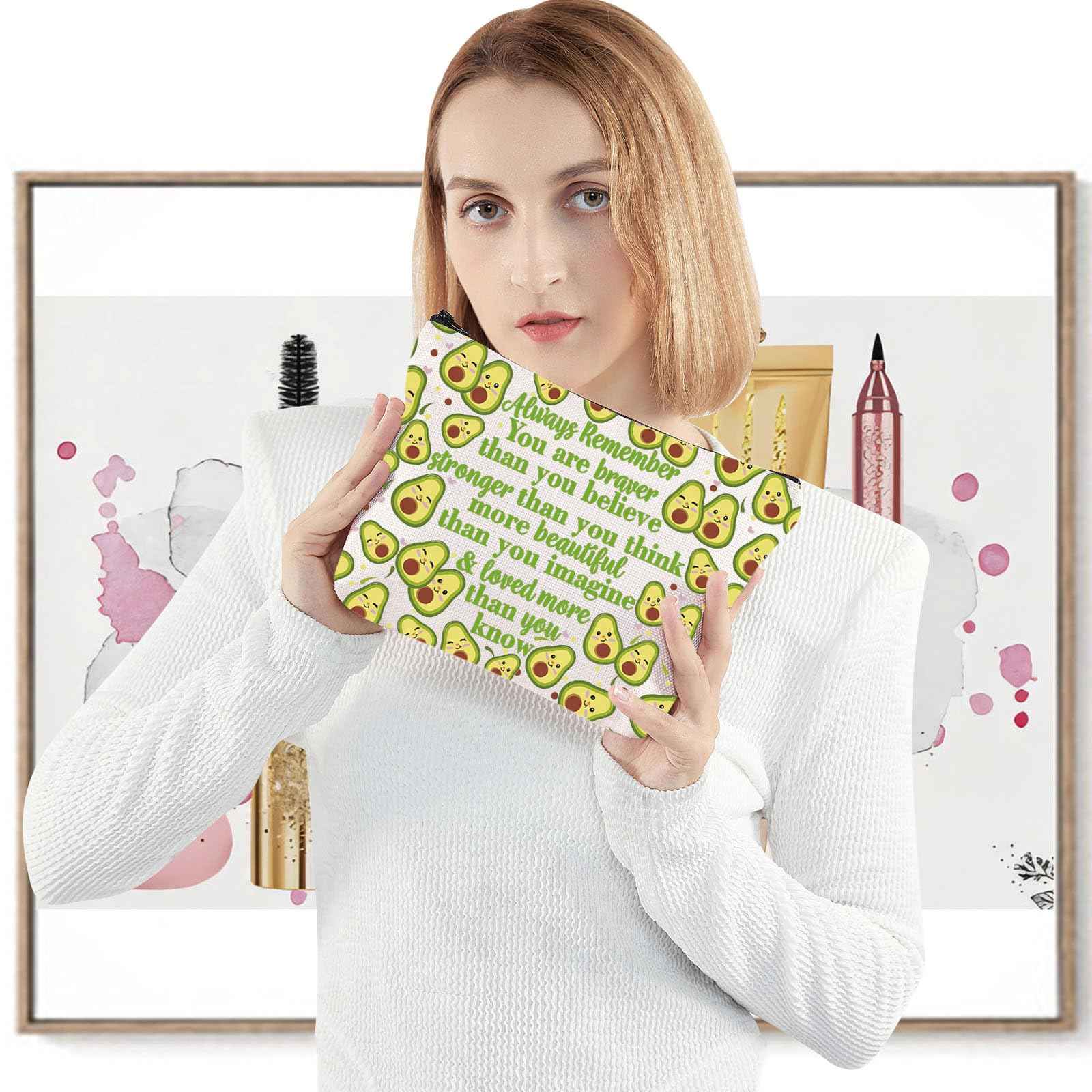 LEVLO Funny Avocado Cosmetic Make up Bag Avocado Lover Inspired Gift Avocado You Are Braver Stronger Smarter Than You Think Makeup Zipper Pouch Bag For Women Girls (Avocado Full Bag)