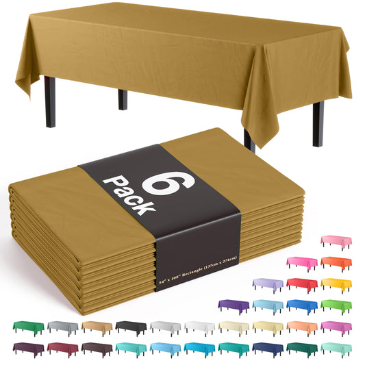 Exquisite 6-Pack Premium Plastic Tablecloth 54in. x 108in. Rectangle Plastic Table Cover - Gold