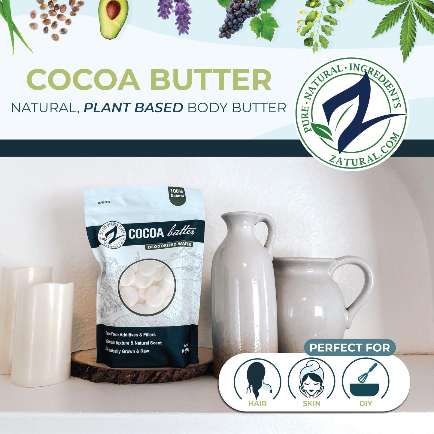 Zatural RAW Cocoa Butter-Deodorized Food Grade | 100% Pure-Prime-Pressed | DIY Lotion, Body Cream, Lip Gloss Base. (16 Ounce Deodorized Wafers)