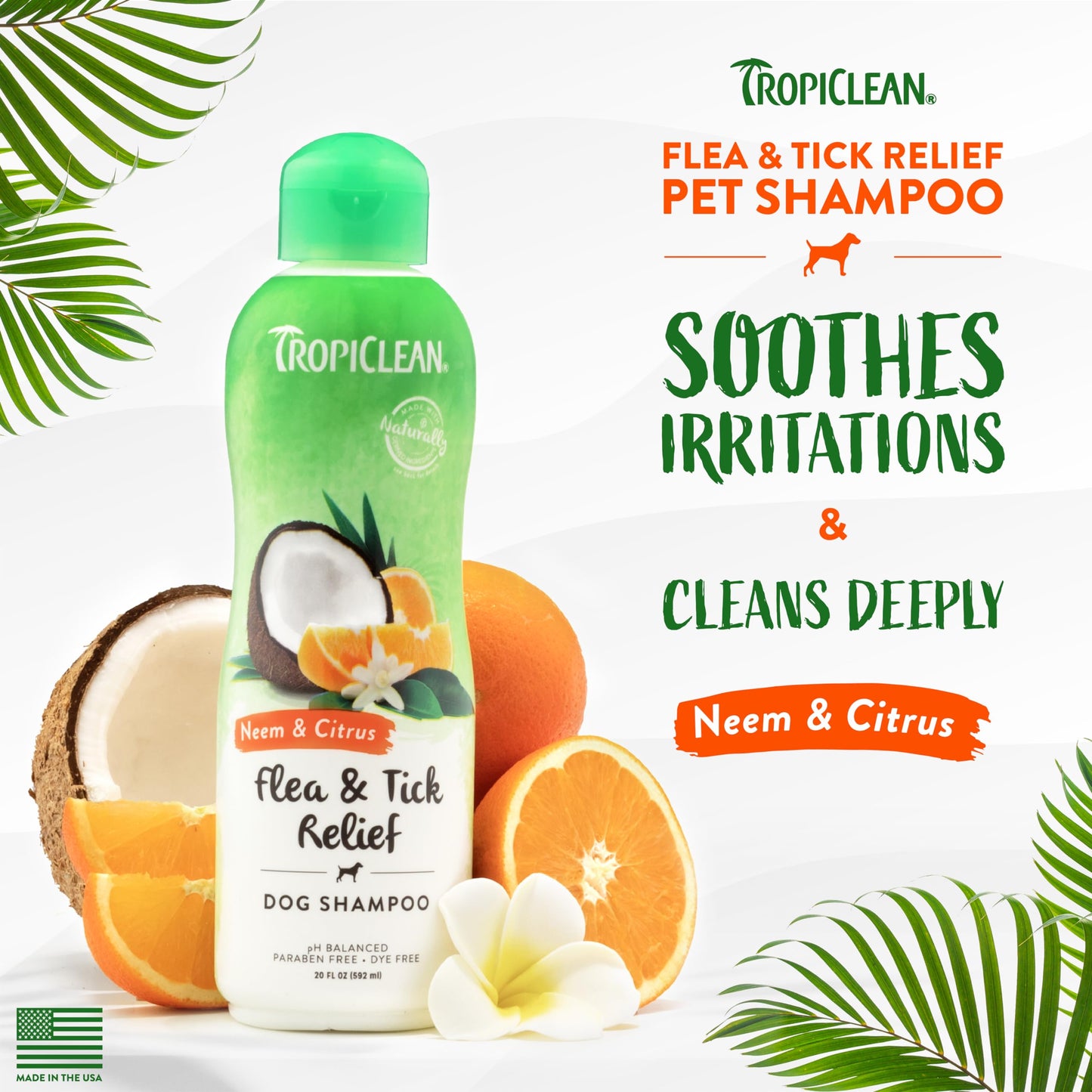 TropiClean Citrus & Neem Oil Flea Shampoo for Dogs | Tick and Flea Bite Relief for Dogs | Natural Dog Shampoo Derived from Natural Ingredients | Made in the USA | 20 oz.