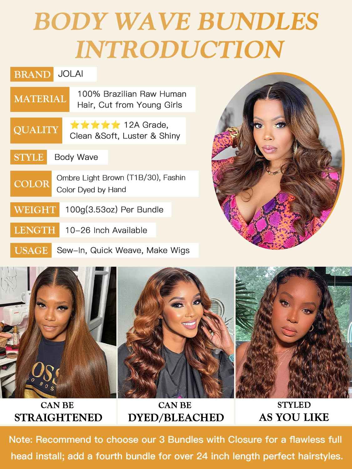Two Tone Color T1B/30 Ombre Honey Brown Human Hair Bundles Body Wave, #T30 Ombre Light Auburn Brown Loose Wave Sew In Quick Weave Hair Tracks, 12A 100% Unprocessed Raw Brazilian Virgin Hair 12 Inch