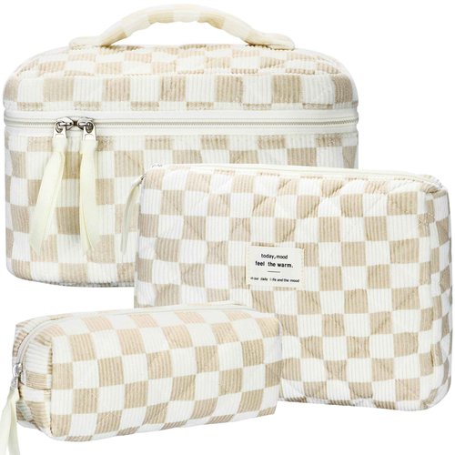 BuyCard Quilted Makeup Bag Set, 3Pcs Large Checkered Corduroy Cosmetic Bags, Cute Coquette Makeup Bag Toiletry Zipper Pouch Bag for Women Checkered Mix Brown