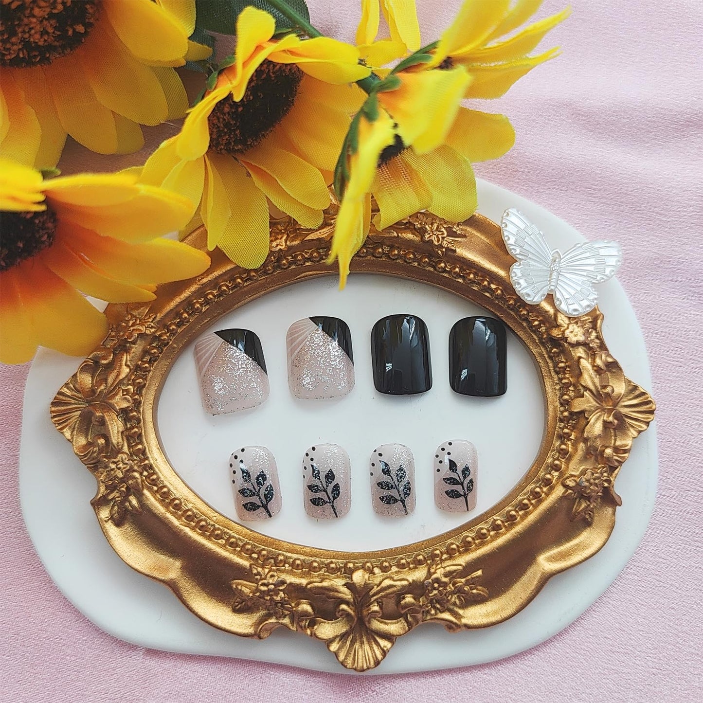 Fall Press on Nails Short Square Fake Nails with Leaves & Glitter Designs French Tip Press ons Glossy Glue on Nails Black False Nails Artificial Stick on Nails for Women 24Pcs