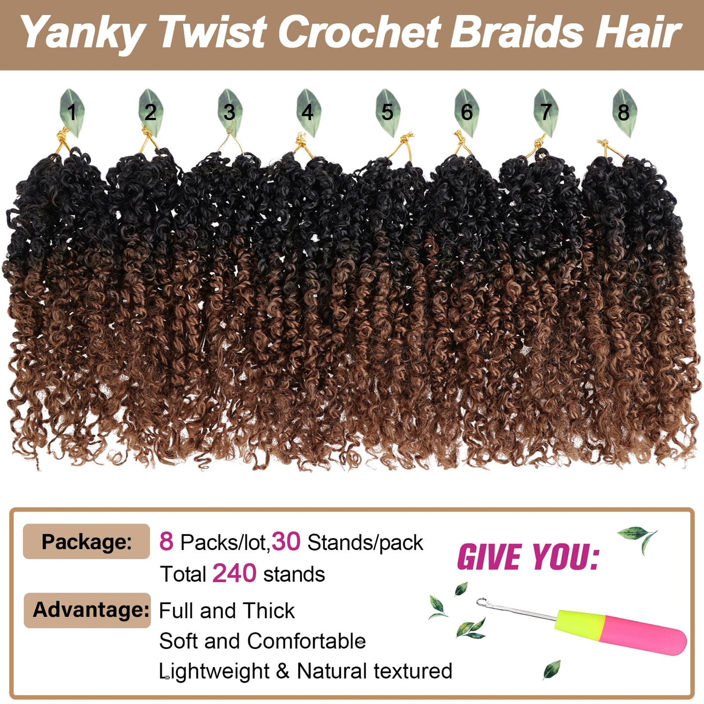 COOKOO 8 Inch Pre-looped Yanky Twists Crochet Braids 8 Pcs Ombre Brown Bohemian Spring Twists Hair Senegalese Twist Crochet Hair with Curls Synthetic Marlybob Crochet Braids Hair Extensions 1B/30#