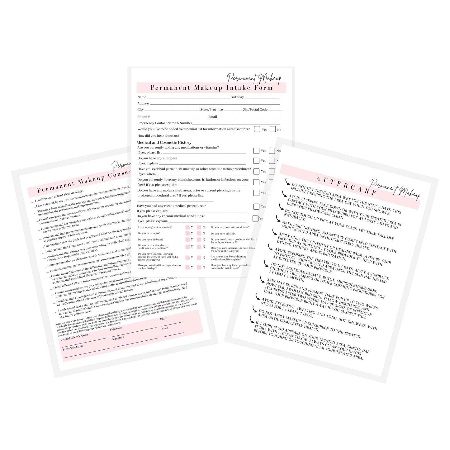 Permanent Makeup Intake, Consent, and Aftercare Form | 75 Pack | 8.5 x 11" A1 Forms | Clients Signature | for Providers Using Permanent Makeup Pigment for PMU | White and Pink Design
