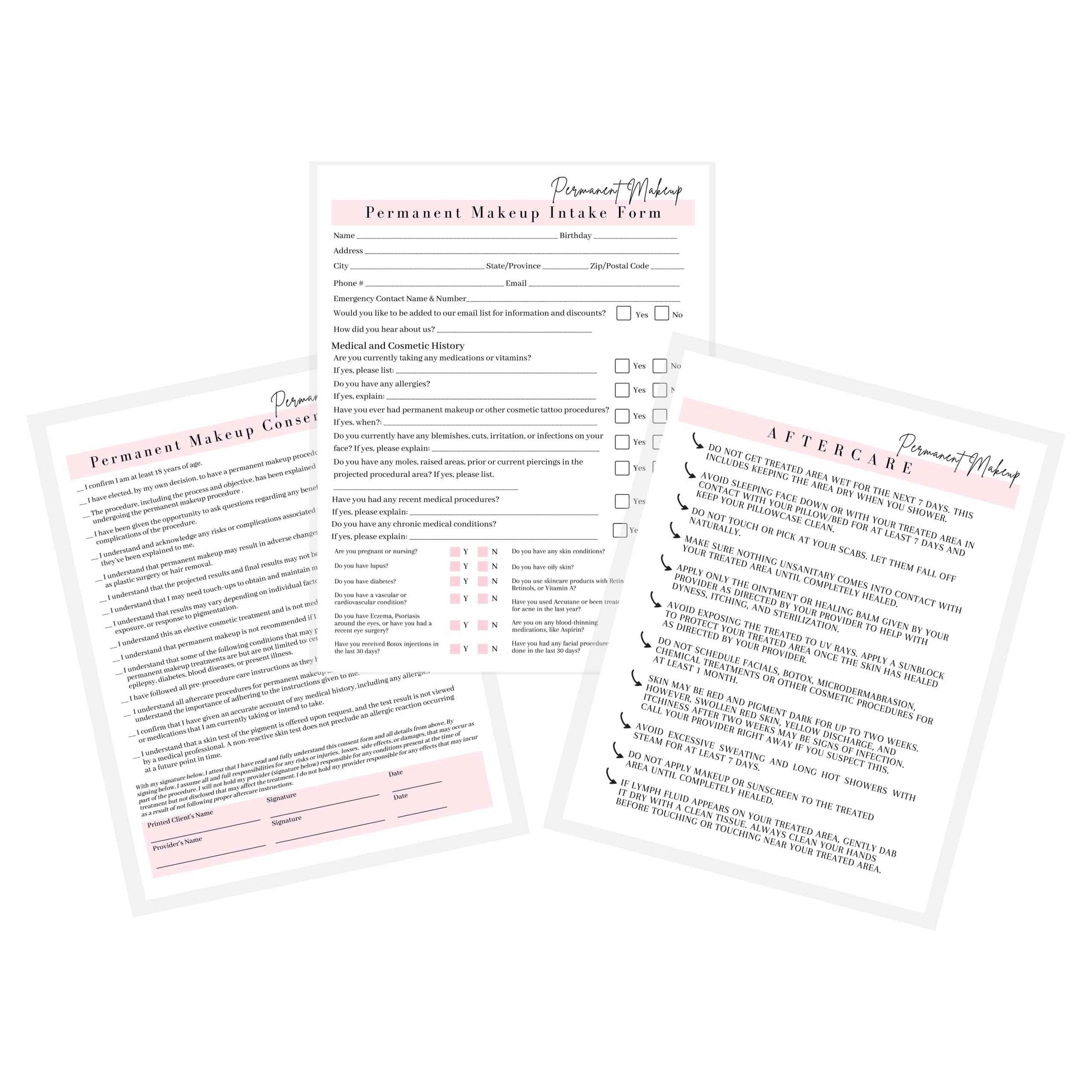 Permanent Makeup Intake, Consent, and Aftercare Form | 75 Pack | 8.5 x 11" A1 Forms | Clients Signature | for Providers Using Permanent Makeup Pigment for PMU | White and Pink Design