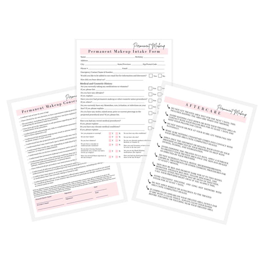 Permanent Makeup Intake, Consent, and Aftercare Form | 75 Pack | 8.5 x 11" A1 Forms | Clients Signature | for Providers Using Permanent Makeup Pigment for PMU | White and Pink Design