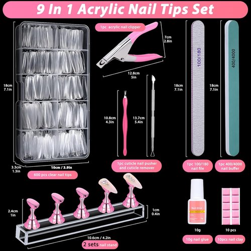 600PCS Clear Coffin Nail Tips Set with Glue, Display Stand & Nail Tools - Qinzave Acrylic Full Cover