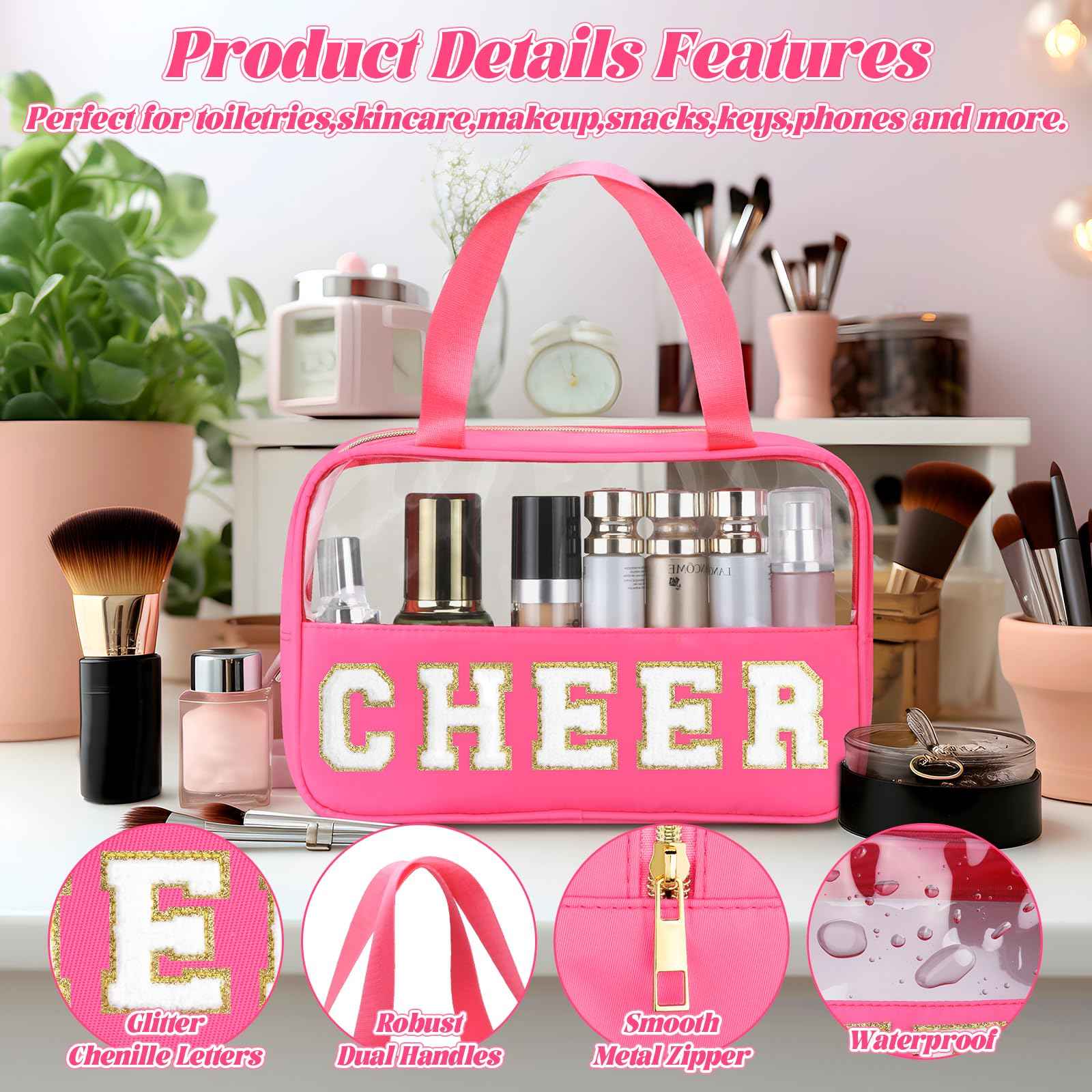 BuyCard Cheer Chenille Letter Bags Clear Makeup Bag, Cheerleader Gift Cosmetic Bag for Travel Zipper Pouch with Handle Cheer Accessories, Nylon & PVC Waterproof Toiletry Organizer Bag for Women Girls