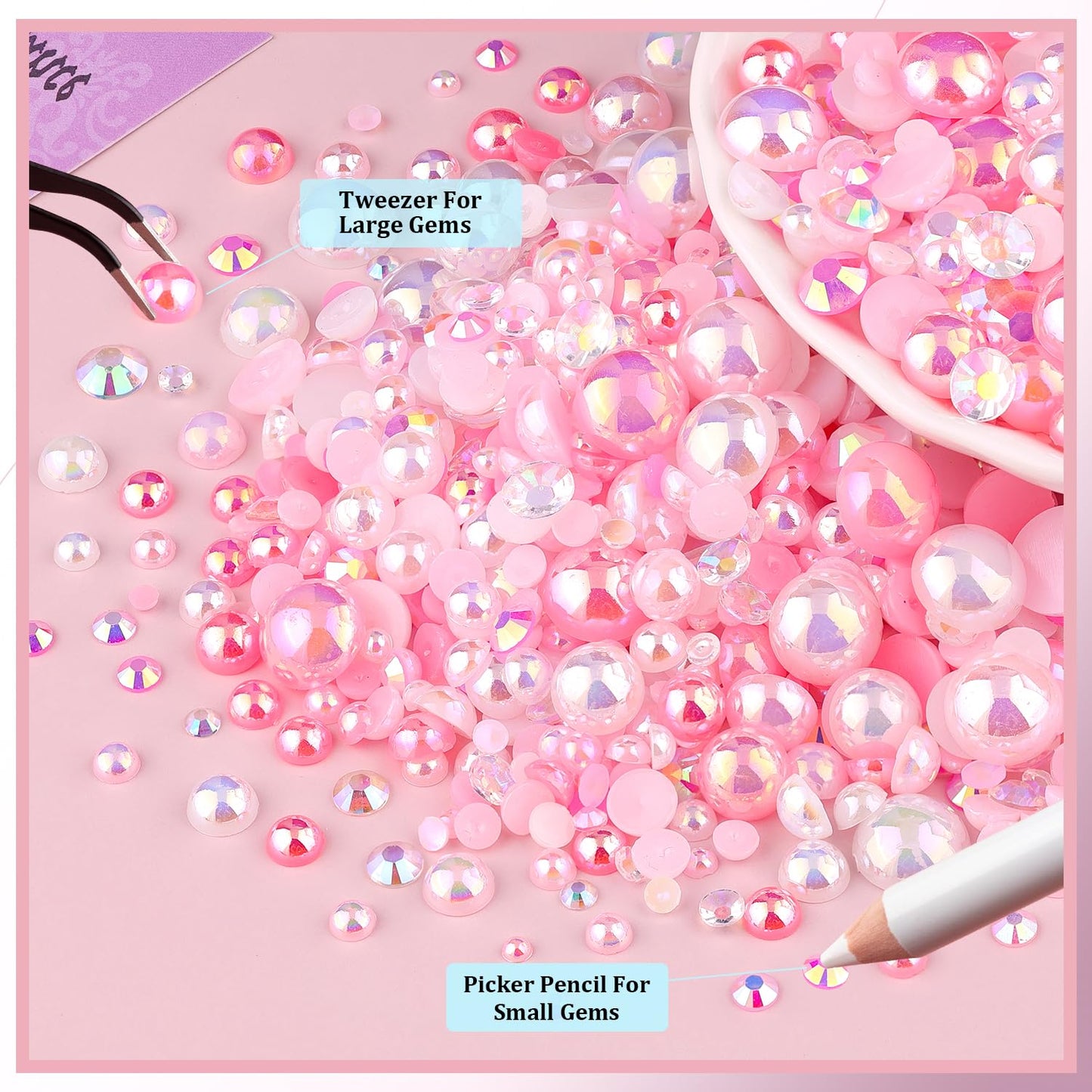 80g Flatback Pearls and Rhinestones for Crafting, Pink White Mixed Size 3-10mm Resin Rhinestones and Half Pearls for Bedazzling, Nail Art and Decoration with Tweezer and Pickup Pencil