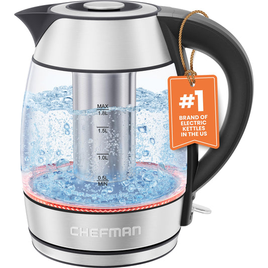 Chefman Glass Electric Kettle for Boiling Water, 1.8L 1500W, with Tea Infuser, Keep Warm Function, Auto Shut Off, Boil-Dry Protection, BPA Free, Hot Water Boiler, Electric Tea Kettle - Stainless Steel