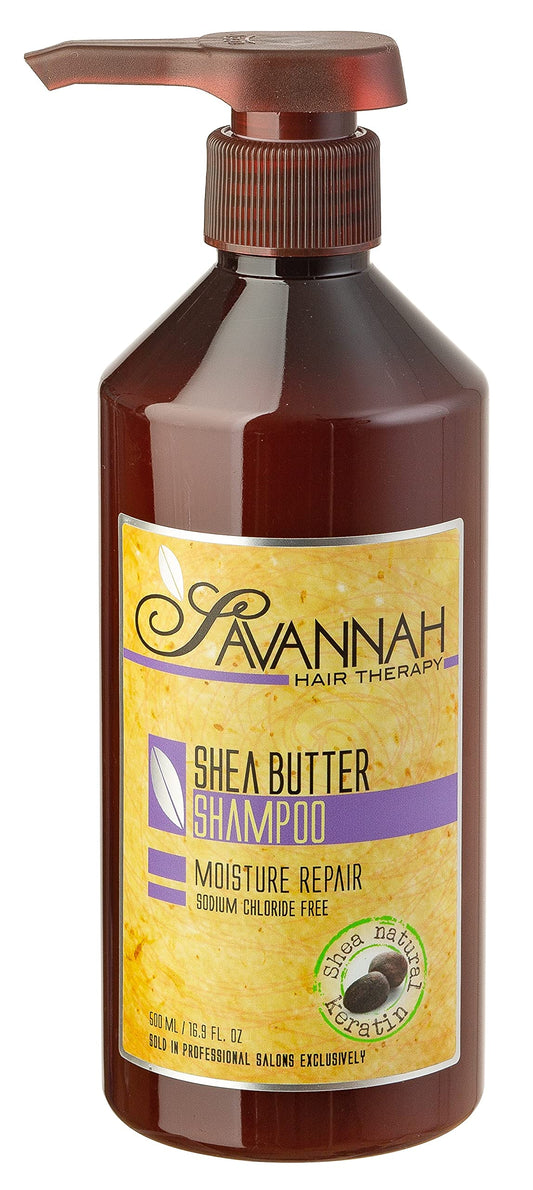 Savannah Hair Therapy Shampoo with Shea Butter and Keratin - Sulfate-Free for Dry, Damaged, Color-Treated Hair - Deep Moisturizing & Frizz Control with Vitamins A, B6, E - 16.9 oz (500 ml)