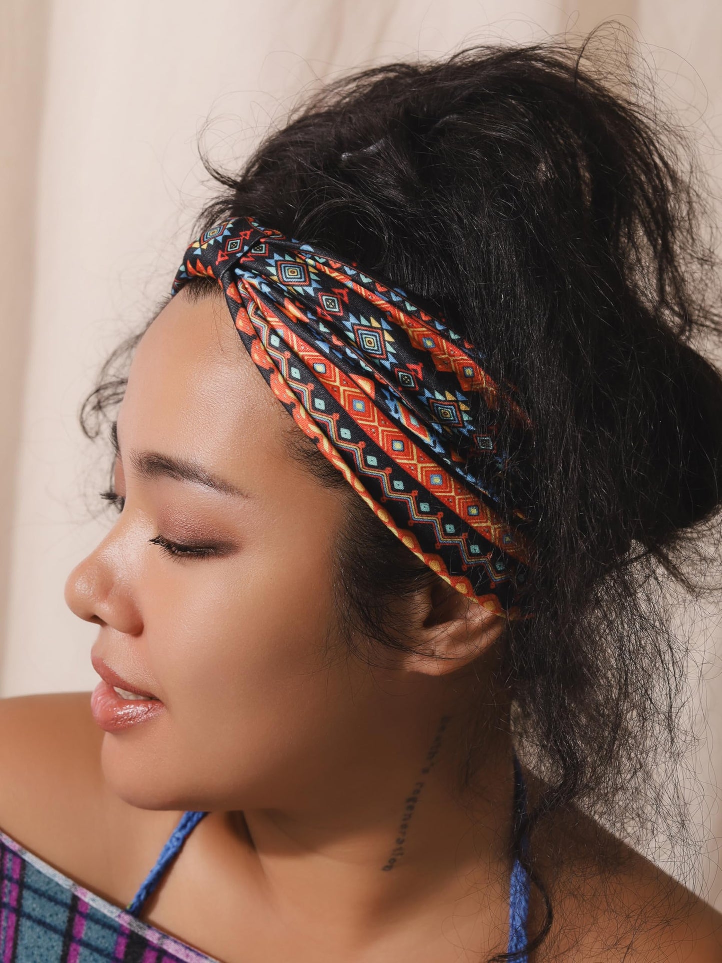 MINACHI Bohemian Wide-Brim Knotted Headband, Brown Orange Ethnic Print, Women's Hair Accessory