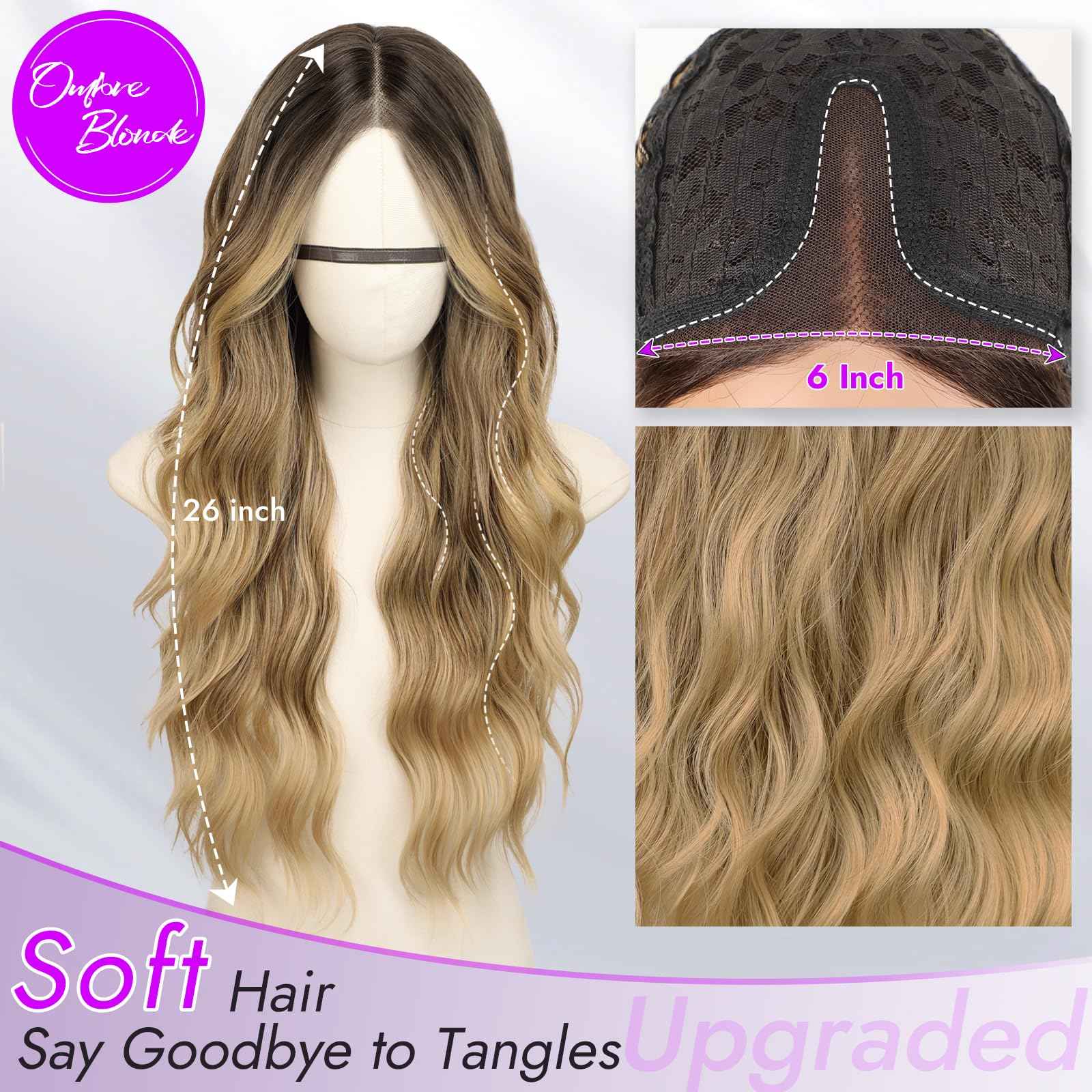 Eawwii Ombre Blonde Long Wavy Wig for Women, Pre-Cut HD Lace Natural Hairline, Glueless Middle Part, Synthetic Fiber for Daily and Party Use 26Inch